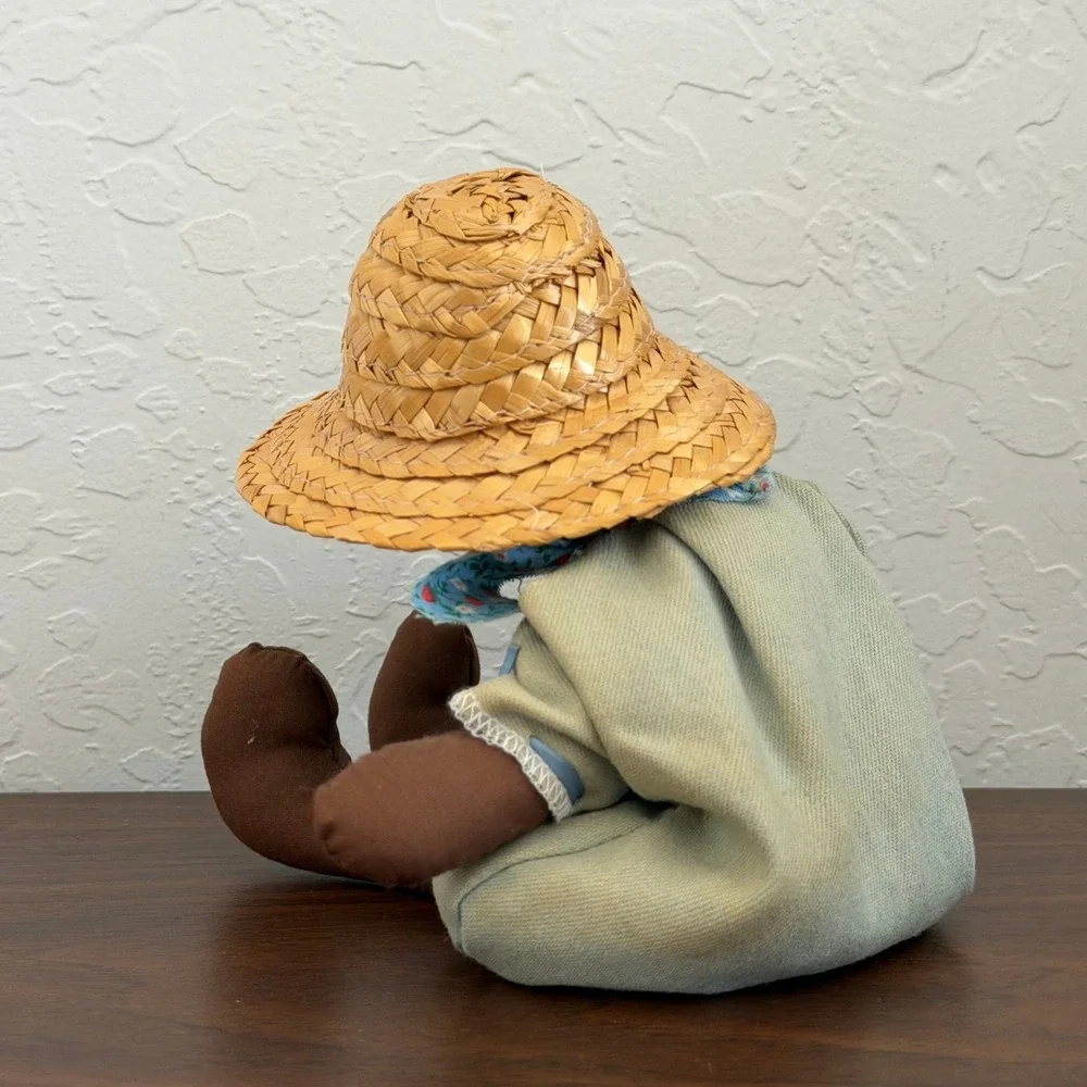 Vintage African Doll Folk Art‎ Primitive Blue Little Kid Straw Hat Cottagecore